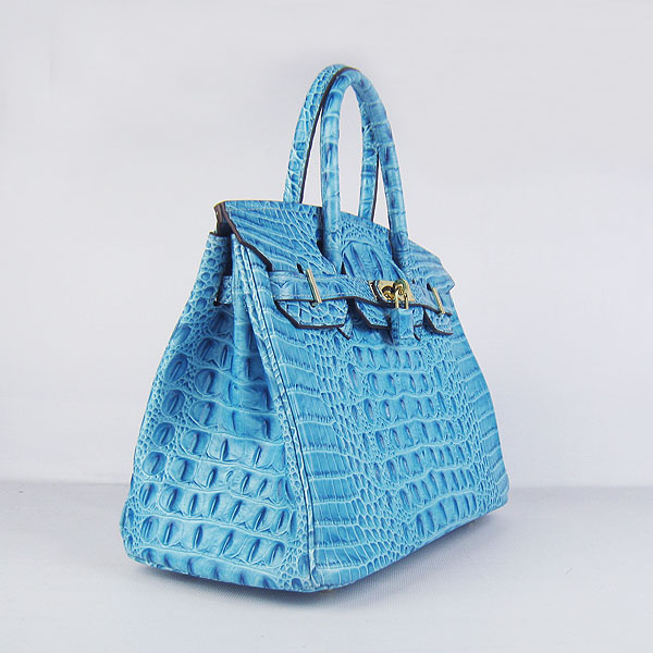 Replica Hermes Birkin 30CM Crocodile Head Veins Bag Light Blue 6088 On Sale